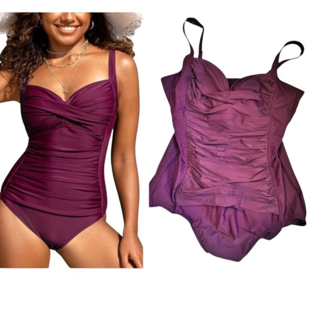 Miraclesuit Ruched Slimming 1 Piece Swimsuit Tummy Control Adjustable Straps 12